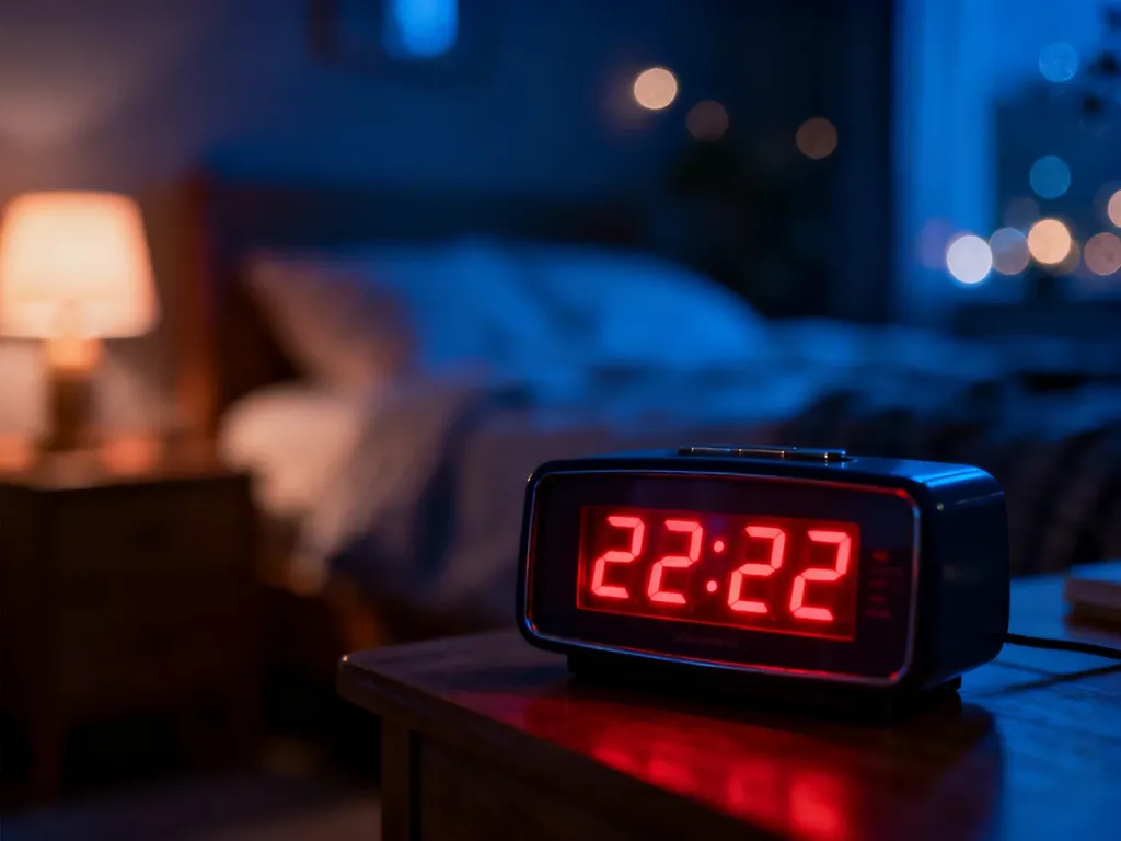 Zegar cyfrowy wyświetlający godzinę 22:22 w przytulnej, nocnej sypialni o mistycznym klimacie.