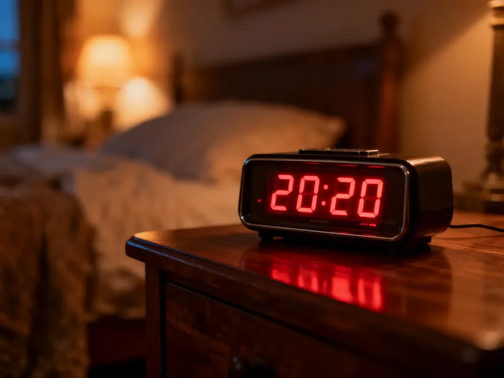 Cyfrowy budzik na drewnianym stoliku wyświetlający godzinę 20:20 w przytulnej sypialni.