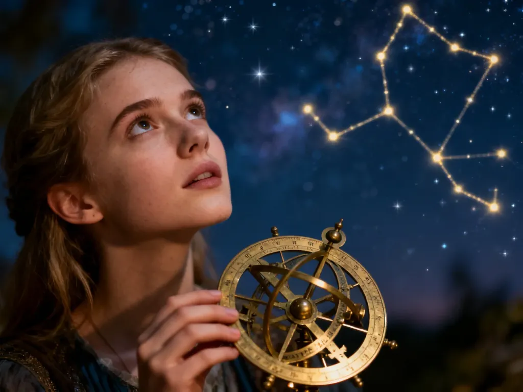 Młoda kobieta trzymająca antyczny astrolabium na tle rozgwieżdżonego nieba, symbolizująca poszukiwanie znaku ascendentu.