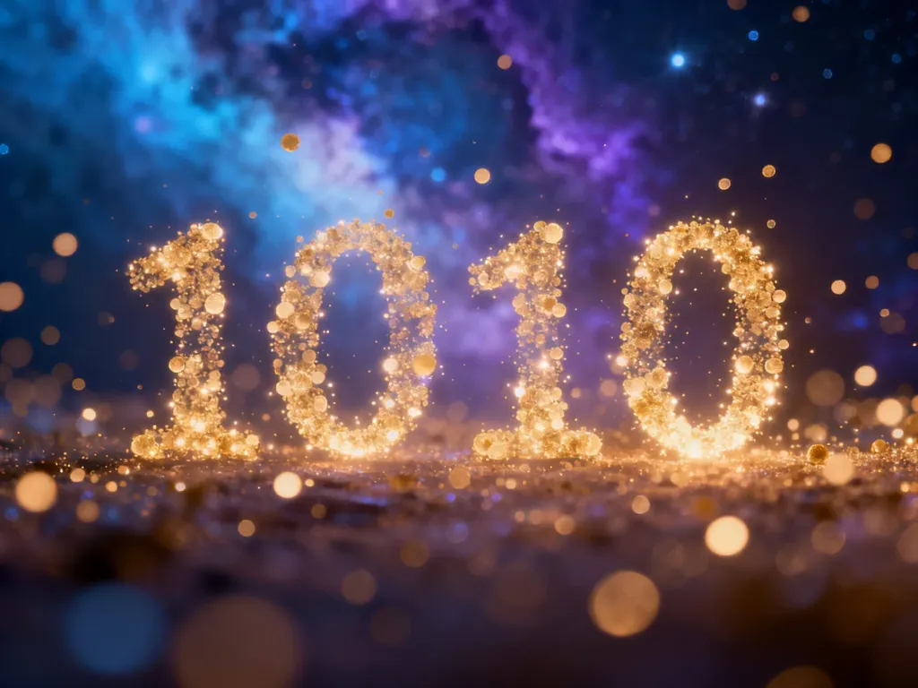 Świecąca liczba 1010 utworzona ze złotych cząsteczek na tle kosmicznej mgławicy, symbolizująca duchową głębię numerologii.