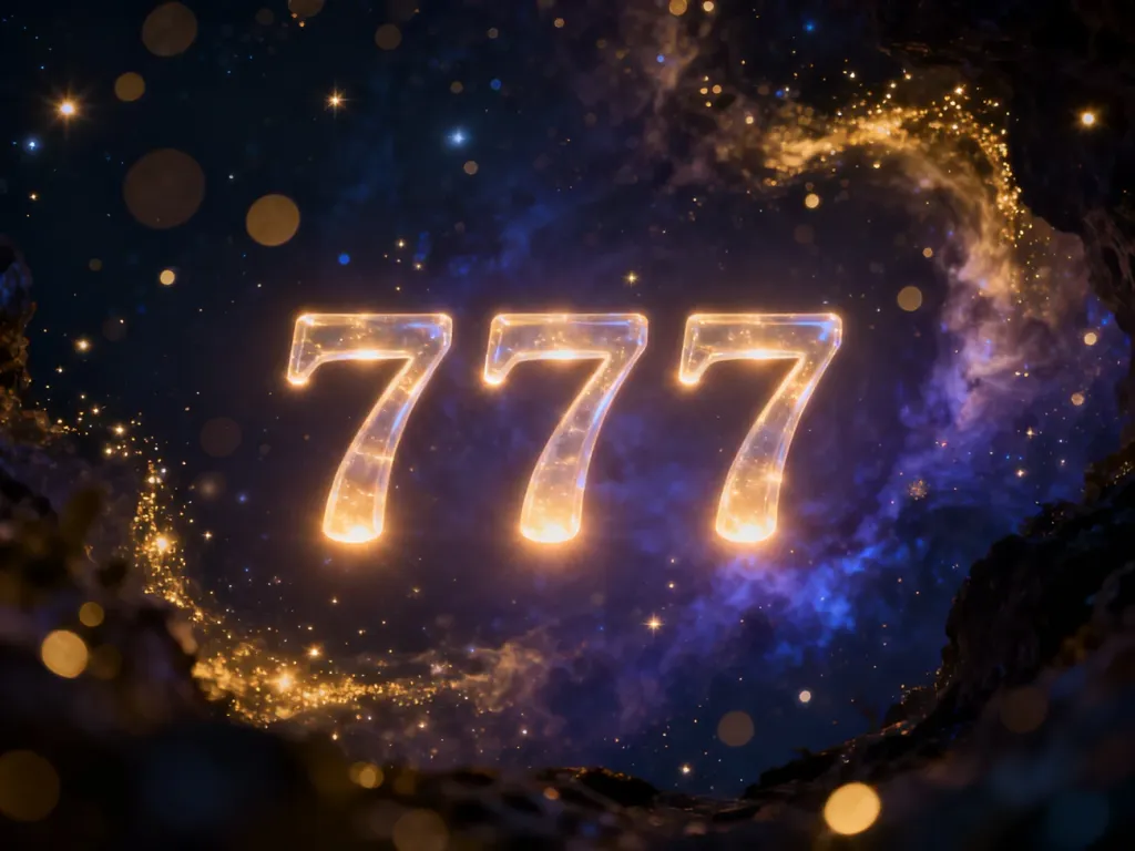 Świecąca liczba 777 unosząca się w kosmicznej mgle, symbolizująca duchowe znaczenie i mistykę numerologii.