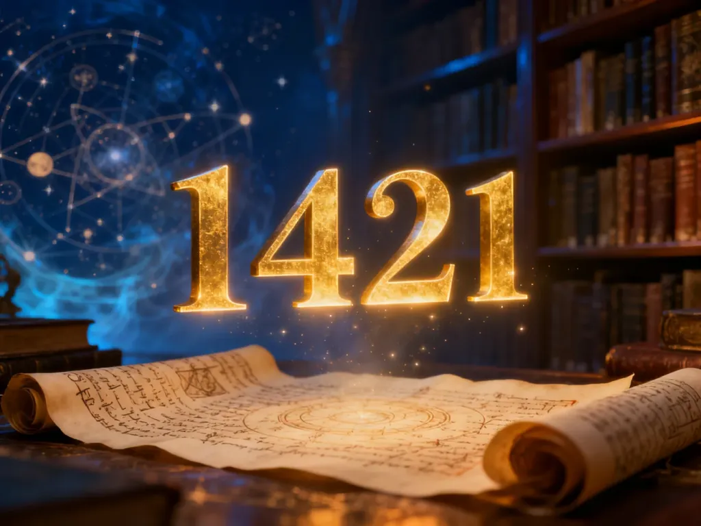 Złota liczba 1441 unosząca się w powietrzu na tle magicznej, eterycznej biblioteki w odcieniach granatu i bursztynu.