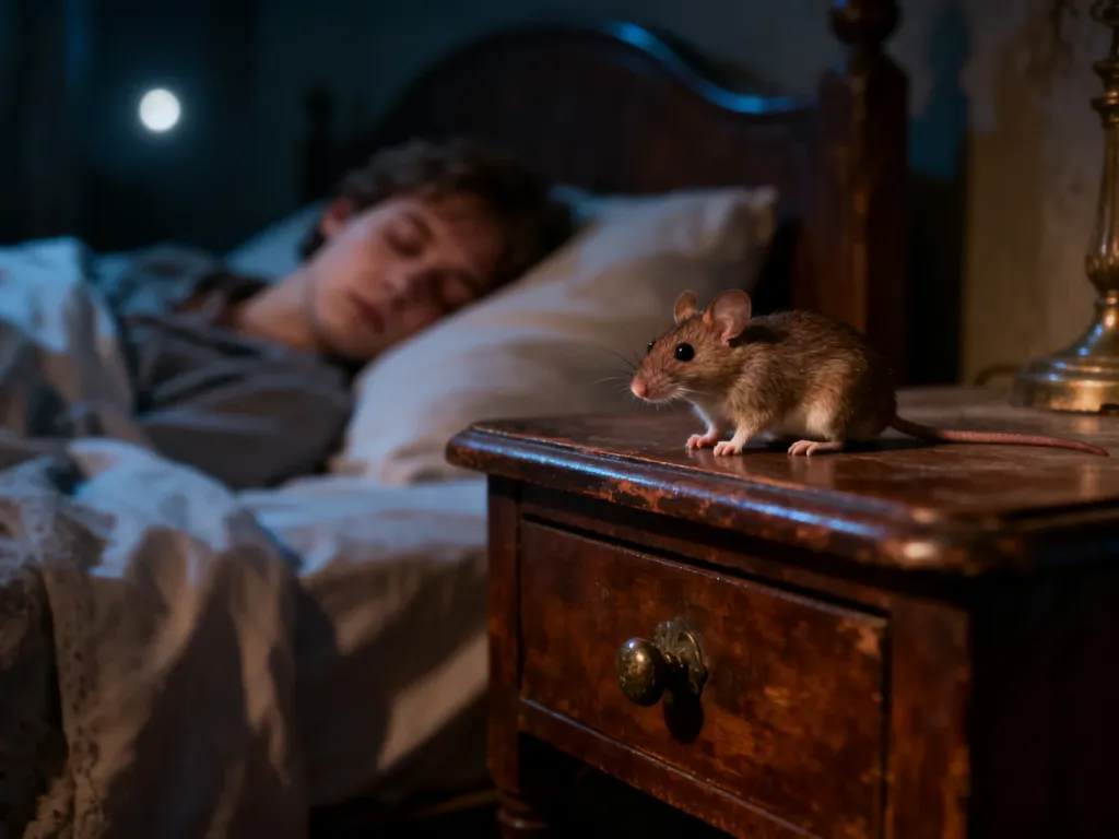Mała mysz polna siedząca na nocnej szafce obok śpiącej osoby w nastrojowej, sennej scenerii.
