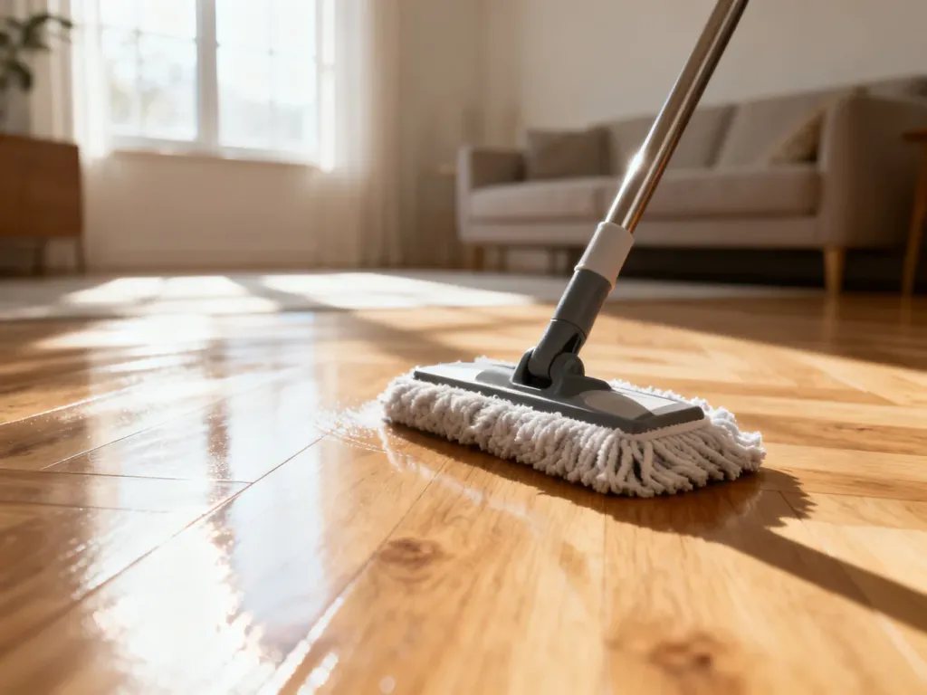 Mop z mikrofibry delikatnie czyści jasną, dębową podłogę drewnianą w słonecznym salonie.