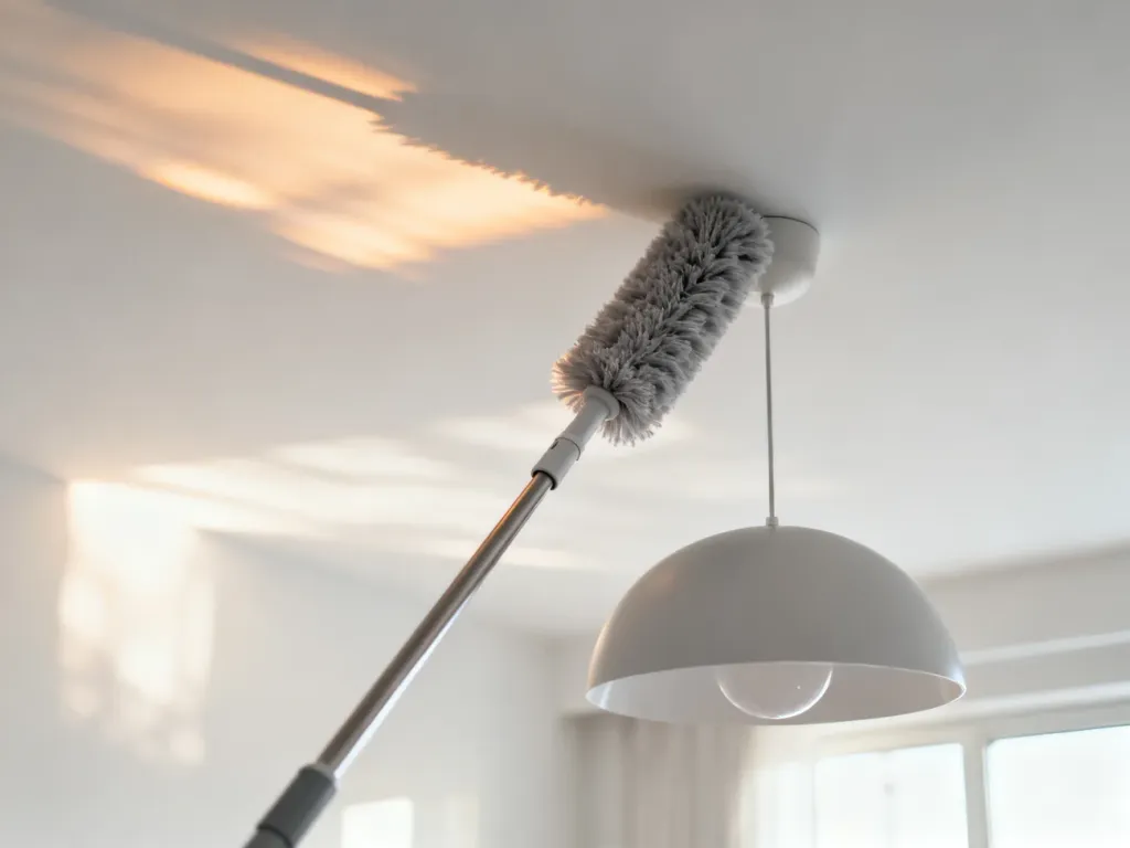 Teleskopowa miotełka z mikrofibry sięgająca minimalistycznej lampy sufitowej w jasnym, nowoczesnym salonie.