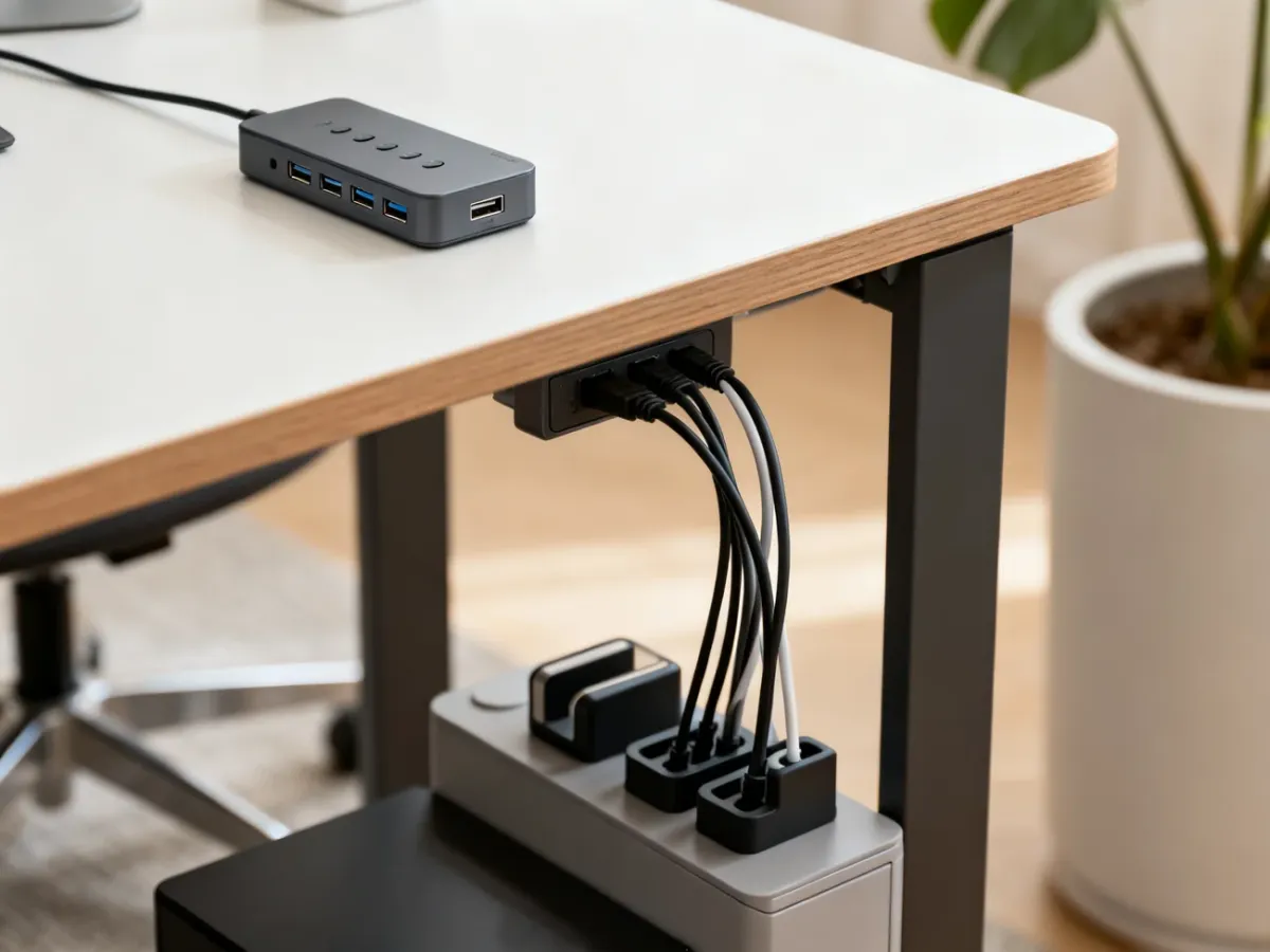 Biurko z hubem USB i uporządkowanymi przewodami