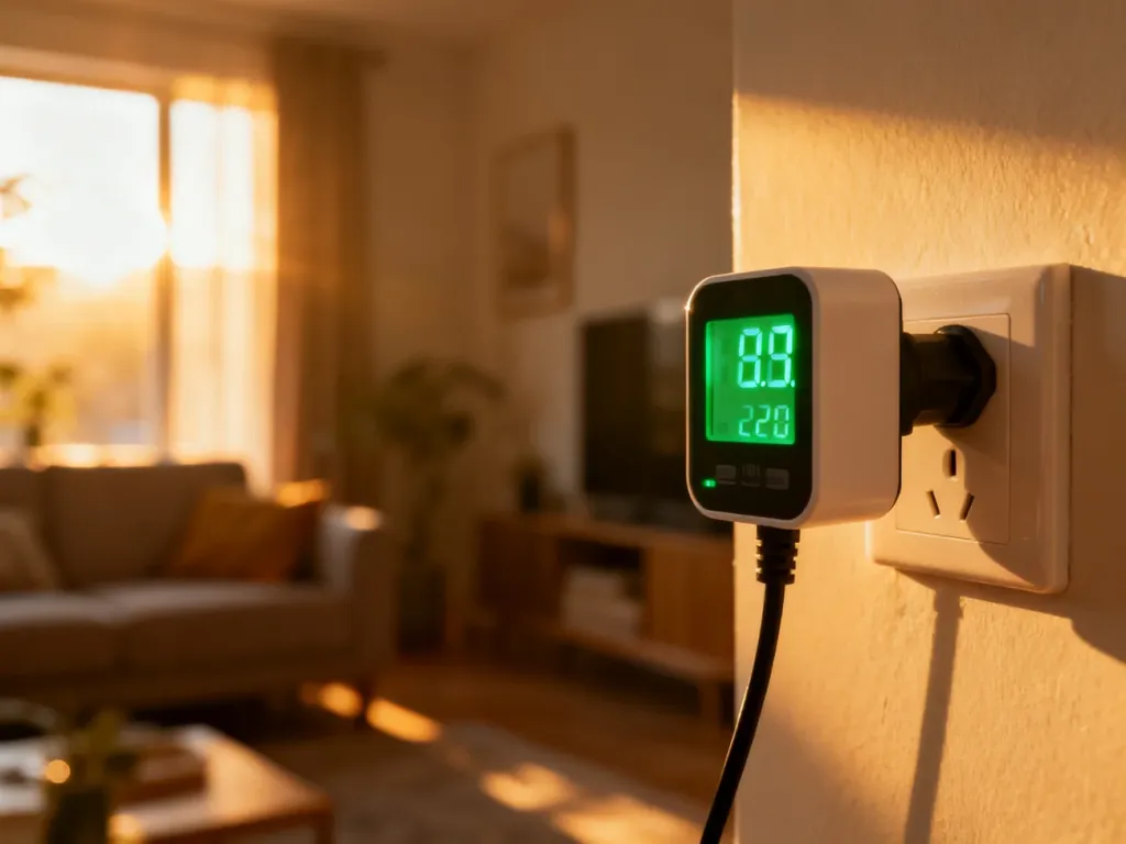 Cyfrowy miernik energii wpięty do gniazdka, wskazujący aktualny pobór prądu w mieszkaniu.