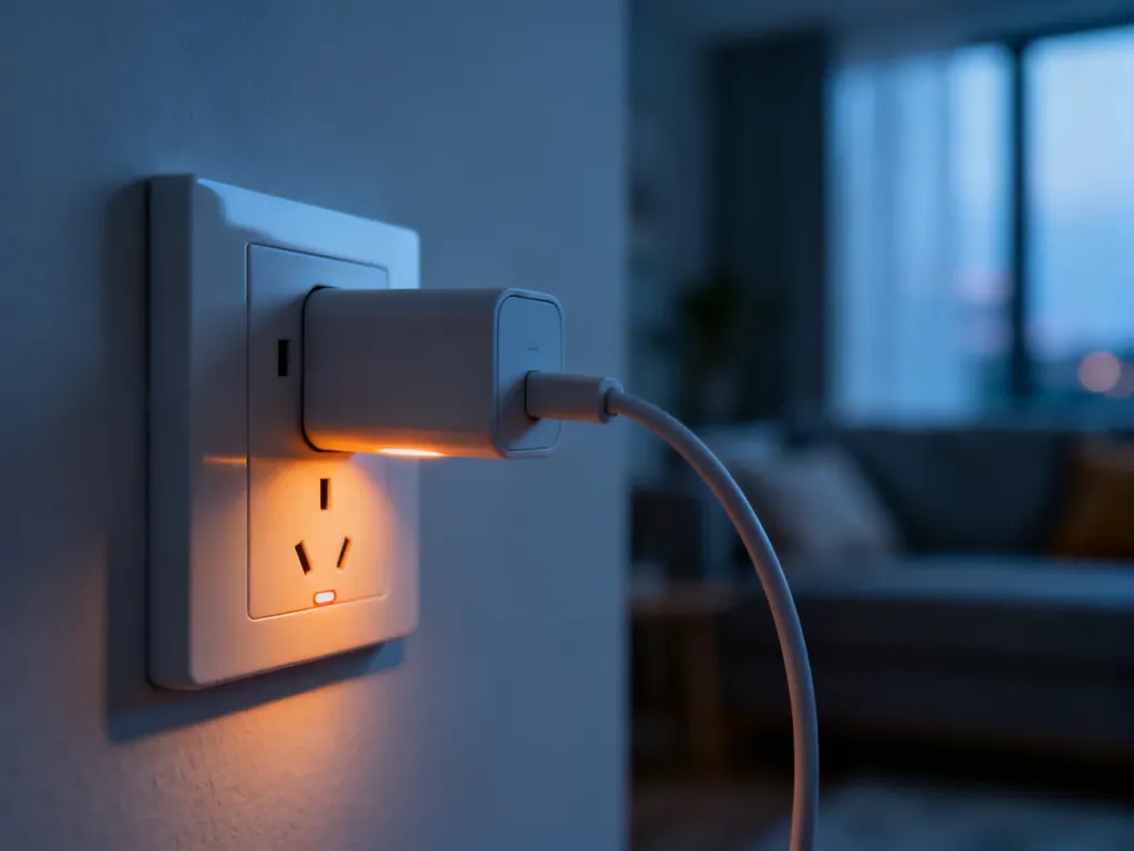 Ładowarka podłączona do gniazdka elektrycznego z włączoną diodą sygnalizacyjną w przytulnym, wieczornym wnętrzu.