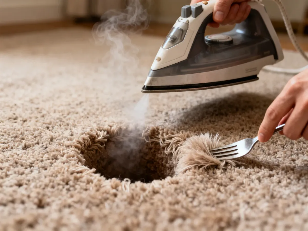 Usuwanie wgniecenia z dywanu za pomocą pary z żelazka
