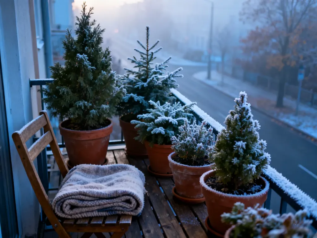 Balkon przygotowany na zimę z roślinami w donicach pokrytymi szronem oraz wełnianym kocem na drewnianym krześle.