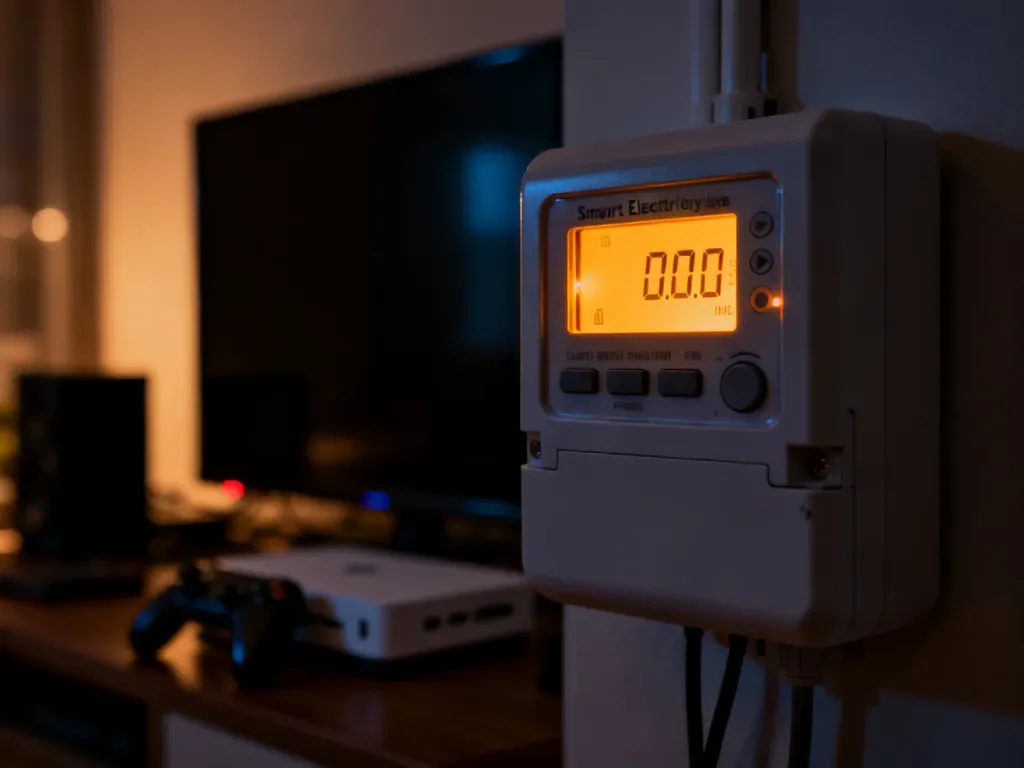 Cyfrowy licznik energii elektrycznej w nocy, obrazujący zużycie prądu przez domowe urządzenia w trybie czuwania.