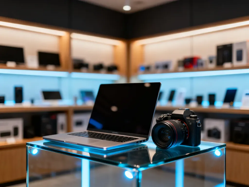 Nowoczesny laptop i aparat fotograficzny wyeksponowane na szklanym postumencie w sklepie ze sprzętem elektronicznym.