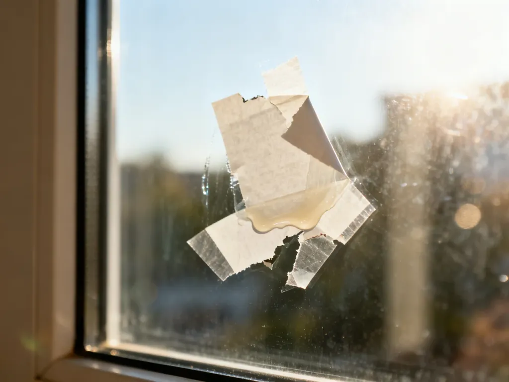 Zbliżenie na szybę z pozostałościami kleju i fragmentami papieru po zerwanej naklejce w świetle dziennym.