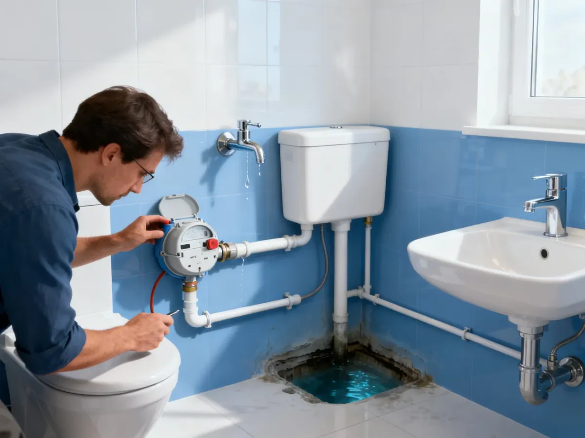 Kontrola wodomierza i instalacji w łazience pod kątem wycieków